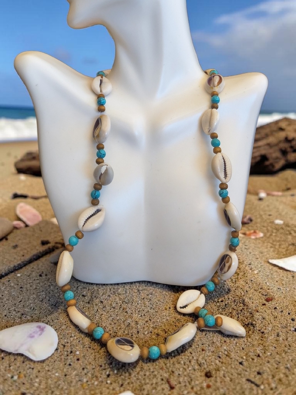 Faux Turquoise & Natural Shell Bead Necklace